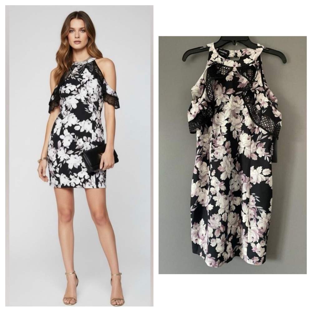 Lace Cold Shoulder Bebe Floral Mini Dress NWT Bodycon Sz 10 Black White Pink - Picture 16 of 16